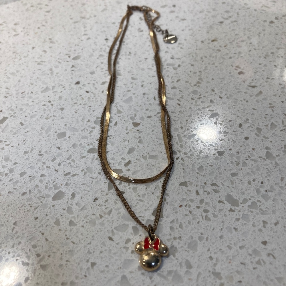 Disney branded, Goldtoned, Double stranded Minnie Mouse Necklace with red bow.